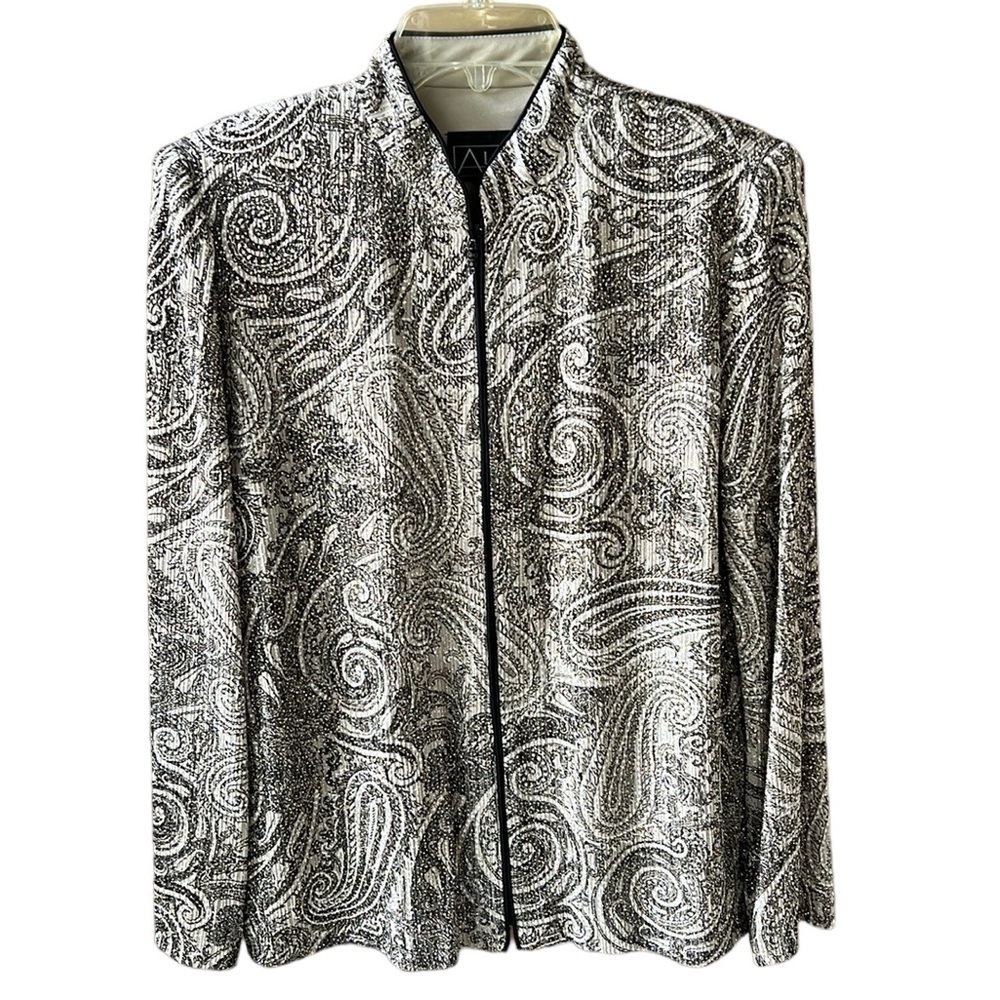 Alex Evenings Zip Down Paisley Stretchy Comfy Jacket Top. Metallic Glitter. SzL